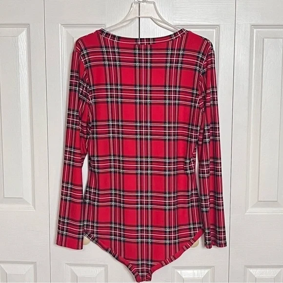 LA Gypsy Red Plaid V Neck Long Sleeve Bodysuit Plus Size 1X - Picture 8 of 16
